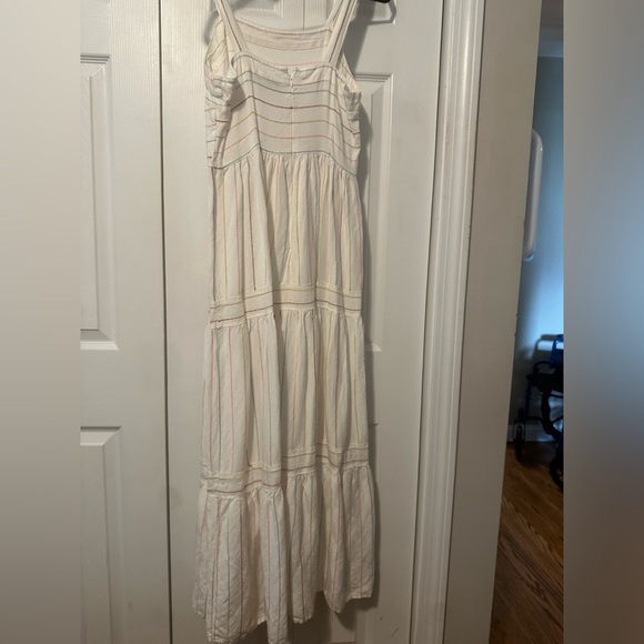 LOFT white tiered maxi dress with multicolored thread stripes, zippered up back. - Picture 2 of 3